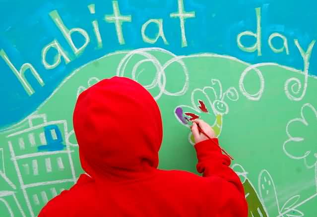 Kid Making Drawing Of  World Habitat Day On Board Picture