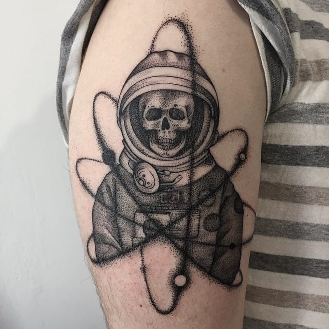 Right Half Sleeve Grey Ink Astronaut Tattoo by Saasha Tattooing