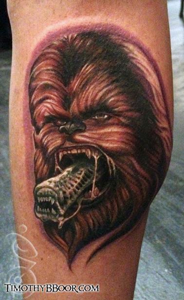 Angry Chewbacca Tattoo On Side Leg