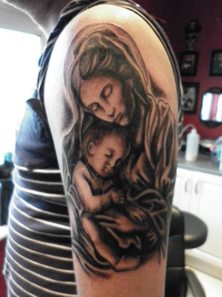 Baby and Virgin Mary Tattoo On Half Sleeve by Lianjmc