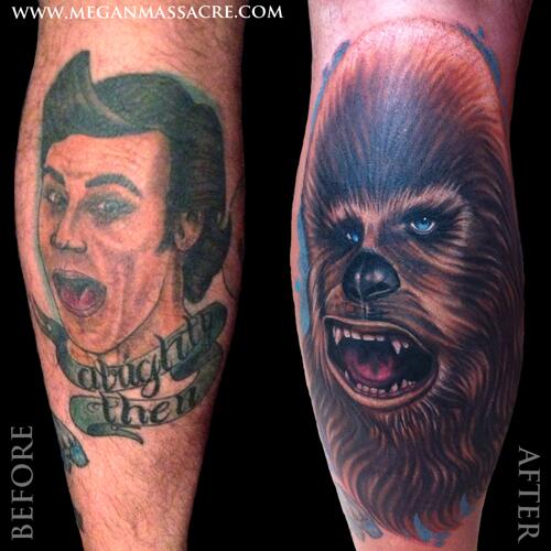 Chewbacca Head Tattoo On Leg Calf