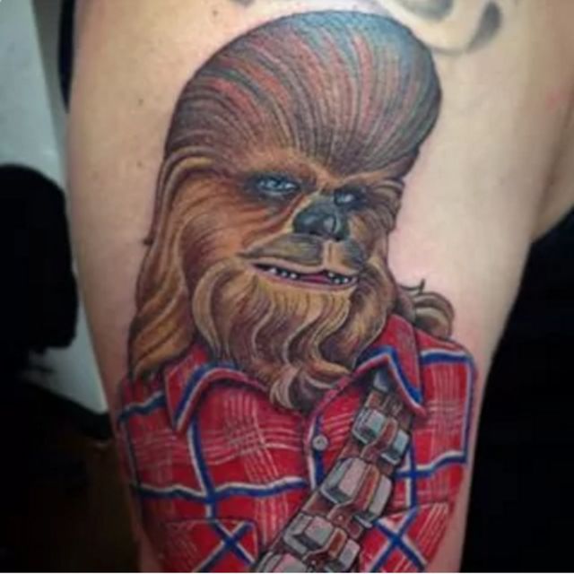 Chewbacca In Red Shirt Tattoo On Side Leg