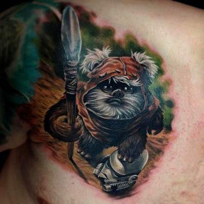 Colored Chewbacca Tattoo On Man Chest