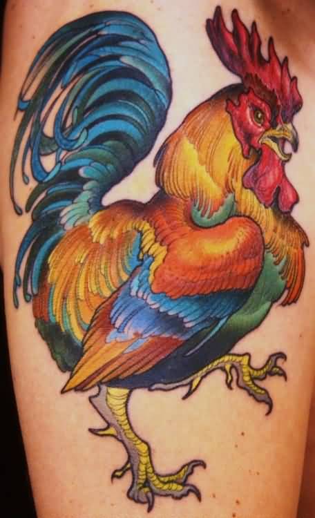 Colored Rooster Tattoo On Leg by Tim Biedron