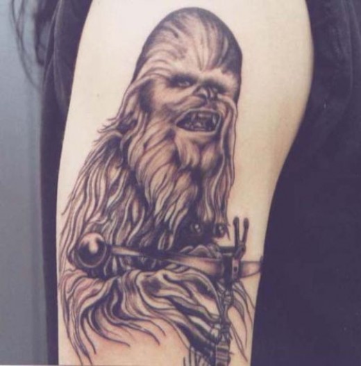 Grey Ink Chewbacca Tattoo On Half Sleeve