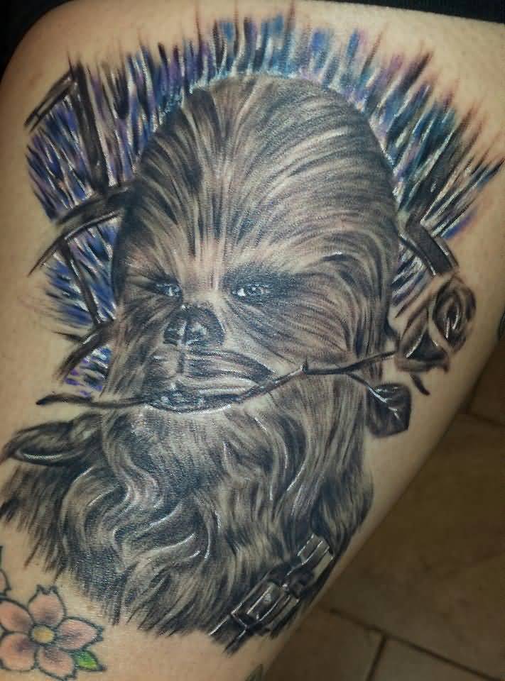 Grey Ink Chewbacca Tattoo On Side Leg