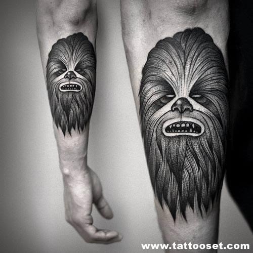 Grey Ink Traditional Chewbacca Tattoo On Arm