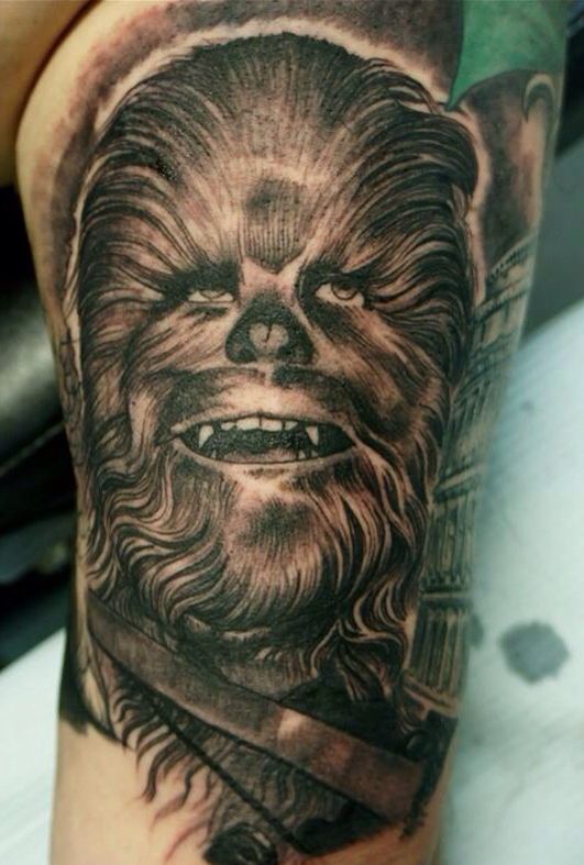 Nice Grey Ink Chewbacca Tattoo On Arm Sleeve