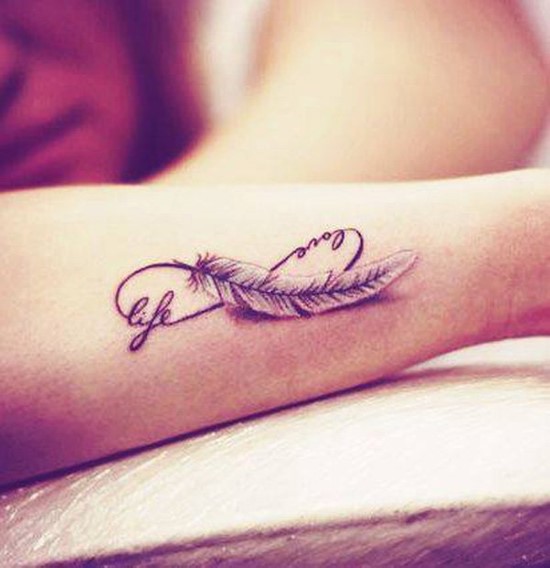 Nice Love Life Infinity Symbol And Feather Tattoo On Arm