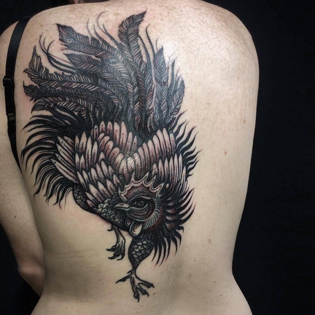 Rooster Tattoo On Girl Back Body by Saskia Chowles