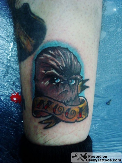 Wookie Banner And Chewbacca Tattoo On Leg