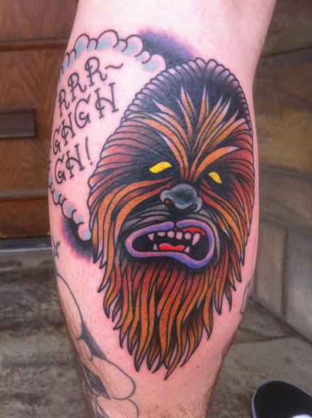 Yellow Eyes Chewbacca Tattoo On Leg Calf