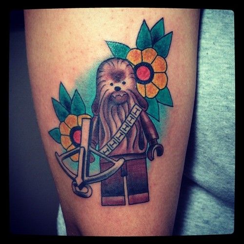 Yellow Flowers Chewbacca Tattoo On Leg