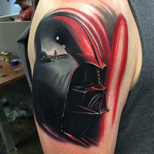 3D Darth Vader Tattoo On Shoulder by Nick Peirce