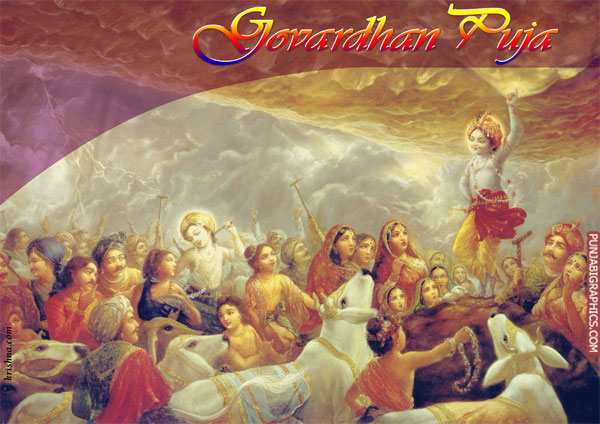 Govardhan Puja Wishes Shri Krishna Lifts Govardhan Hill Painting Picture