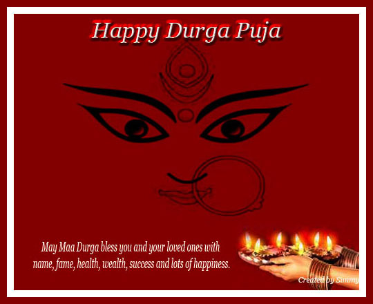 Happy Durga Puja May Maa Durga Bless You And Your Loved Ones With Name, Fame, Health, Wealth, Success And Lots Of Happiness