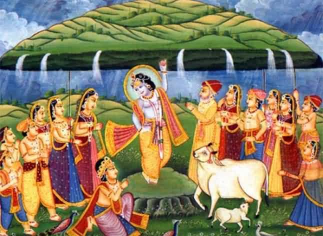 Shri Krishna Lifts Govardhan Hill Happy Govardhan Puja