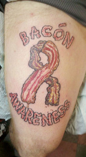 Bacon Awareness Tattoo On Right Thigh