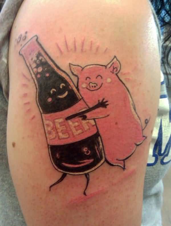 Beer And Bacon Tattoo On Bicep