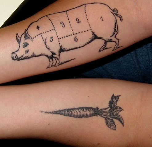 Carrot And Bacon Tattoos On Forearm