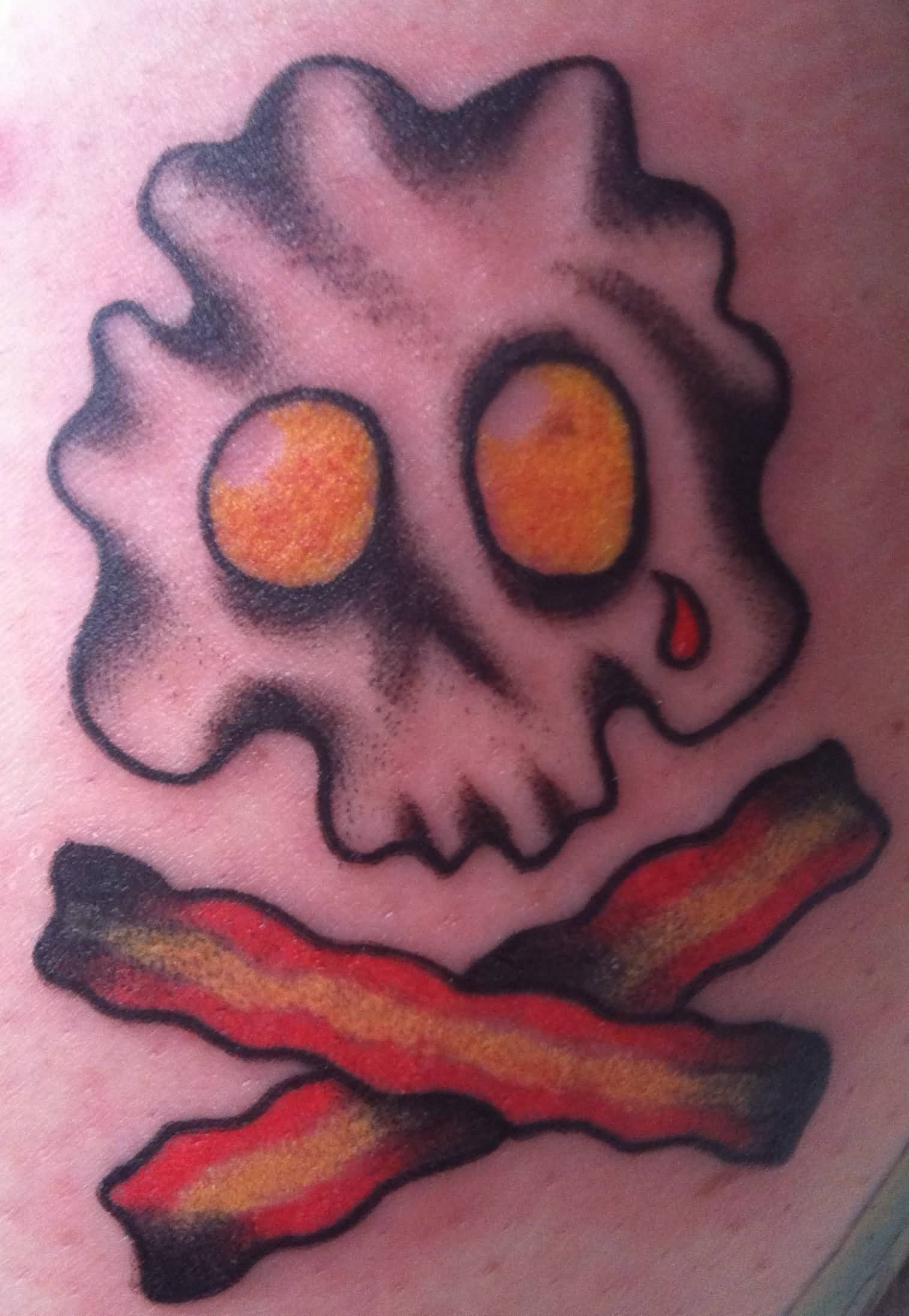 Egg Yolk Eyes Skull And Bacon Tattoo