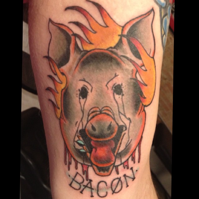 Flaming Bacon Head Tattoo