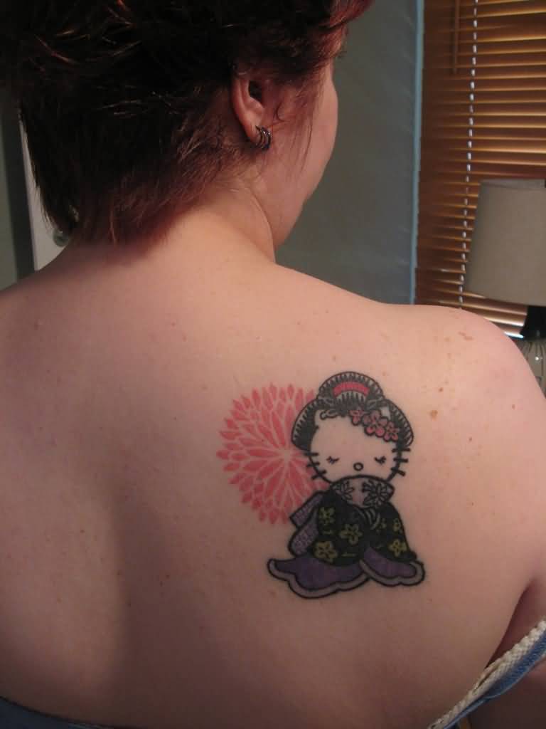 Geisha Hello Kitty Tattoo On Right Back Shoulder