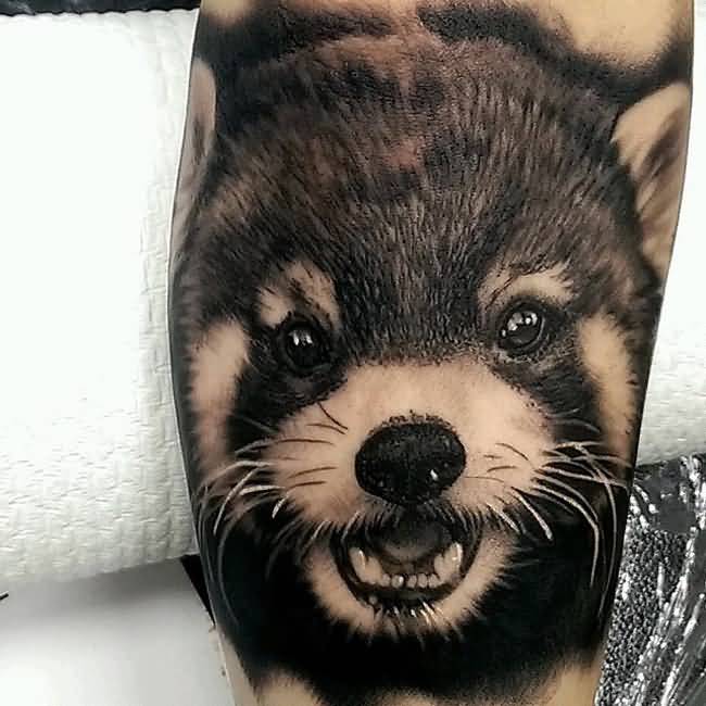 Black And White Ink Red Panda Tattoo On Leg