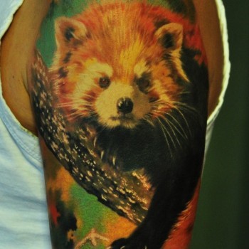 Color Red Panda Tattoo On Left Half Sleeve