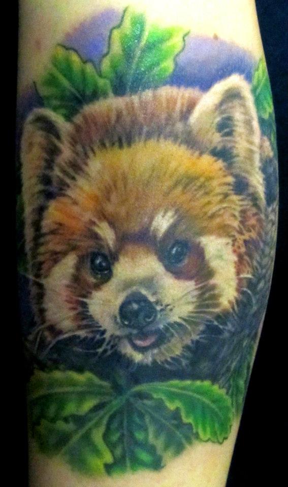 Colorful Red Panda Tattoo On Leg