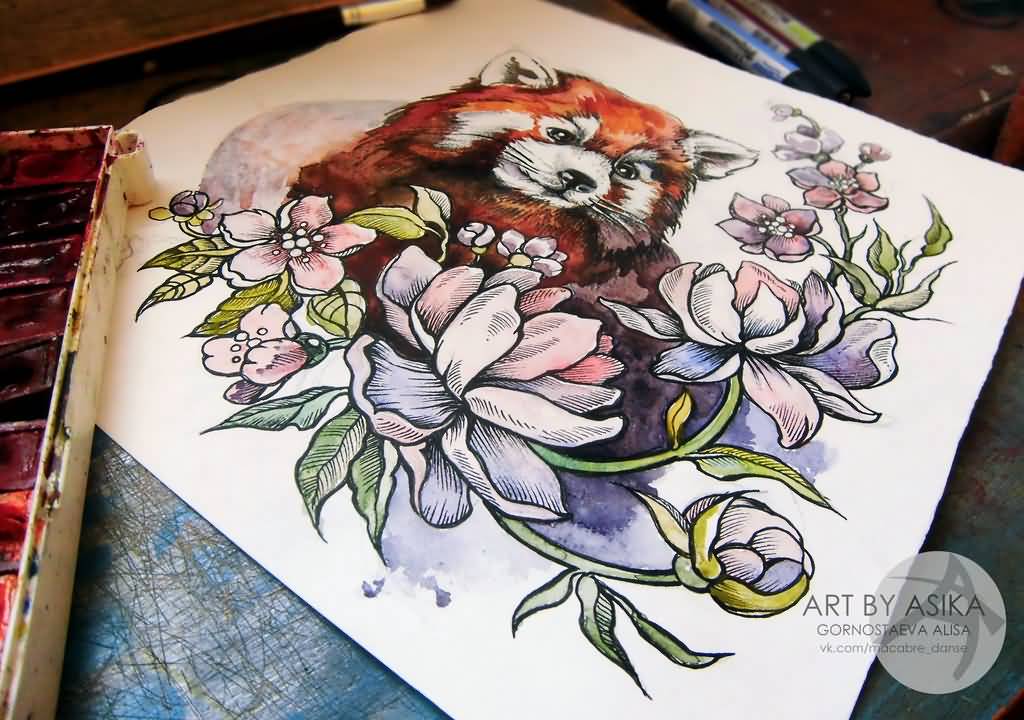 Flowers And Red Panda Tattoo Design by Asikaart