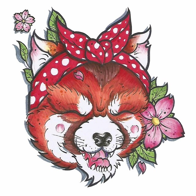 Pink Flowers And Red Panda Tattoo Design