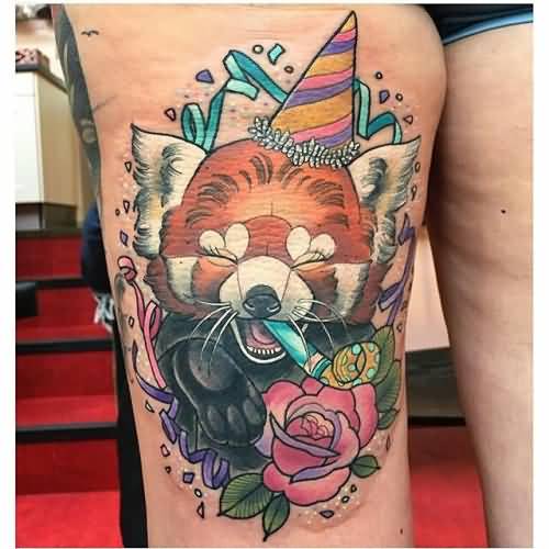 Pink Rose Flower Red Panda Tattoo On Thigh