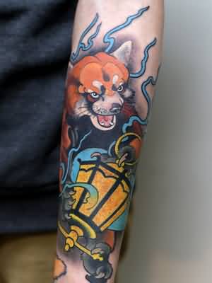 Yellow Lamp And Red Panda Tattoo On Left Sleeve