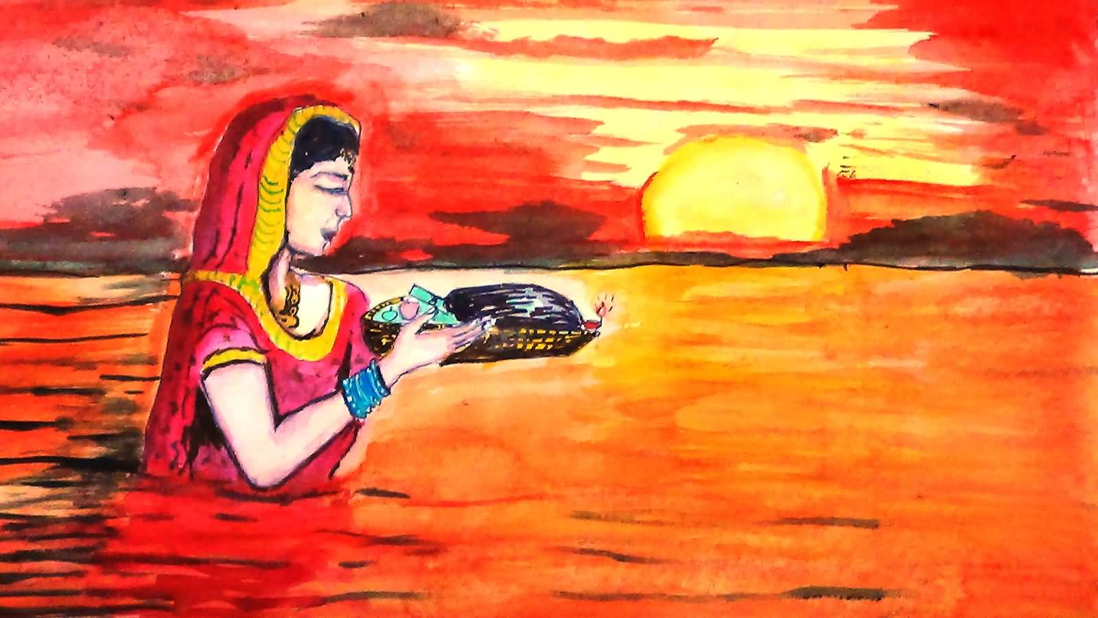 A Woman Worshiping Lord Sun On Chhath Puja Painting Picture