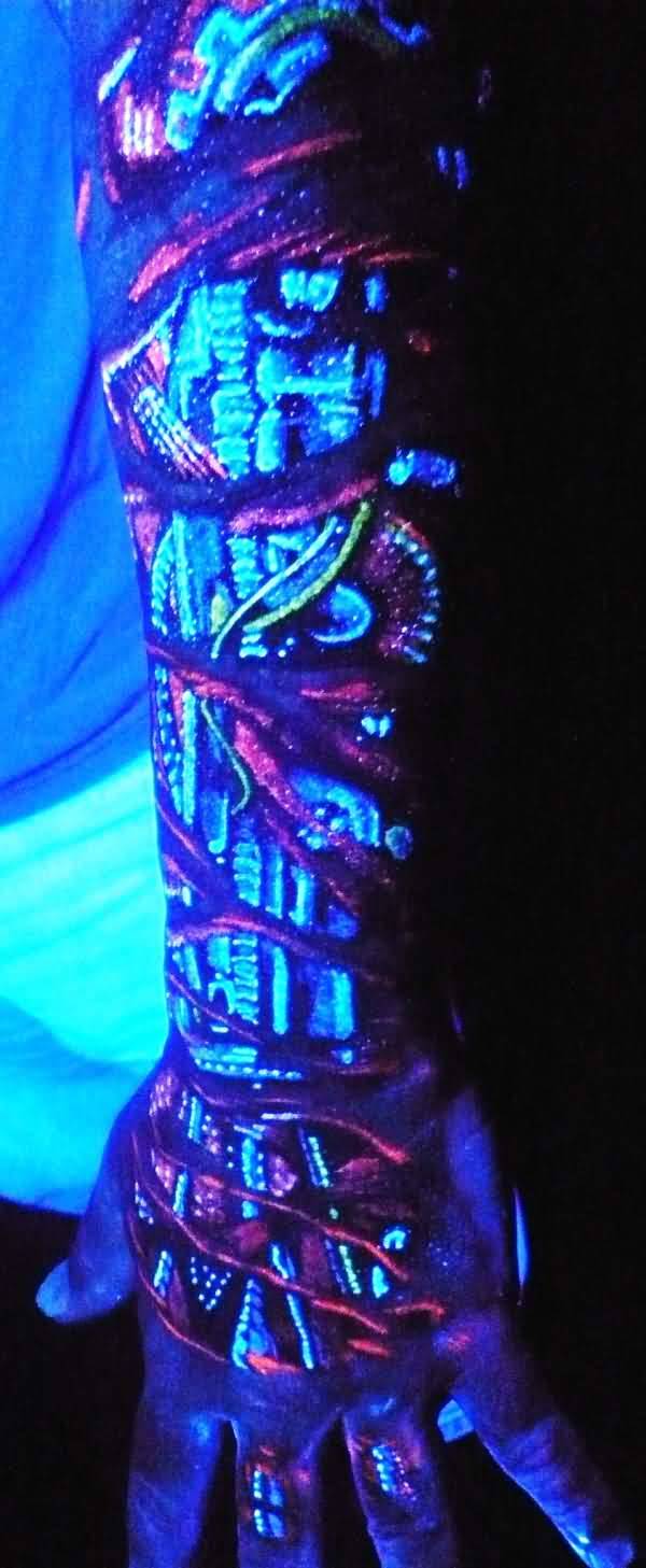 Biomechanical Black Light Tattoo On Left Sleeve