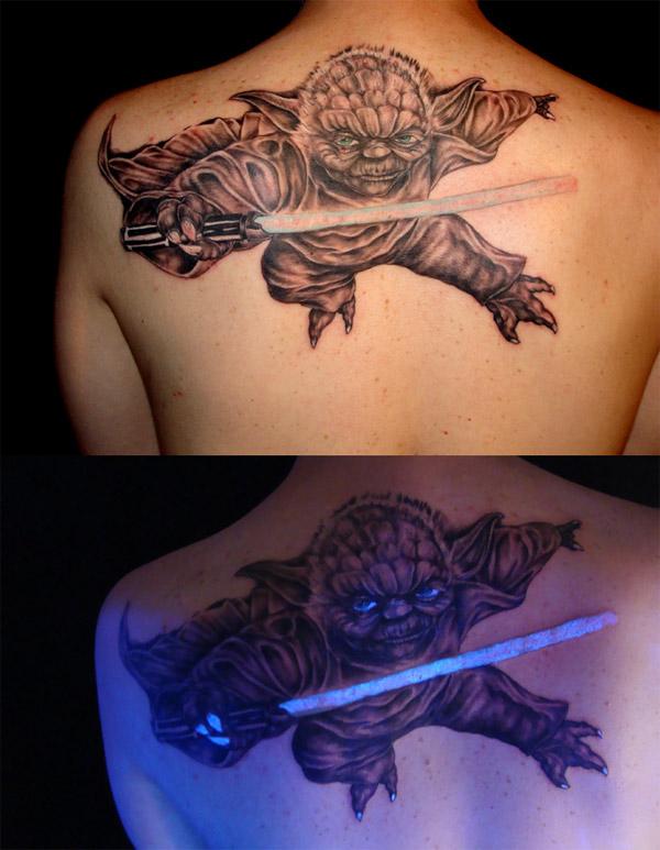 Black Light Star Wars Yoda Tattoo On Upper Back