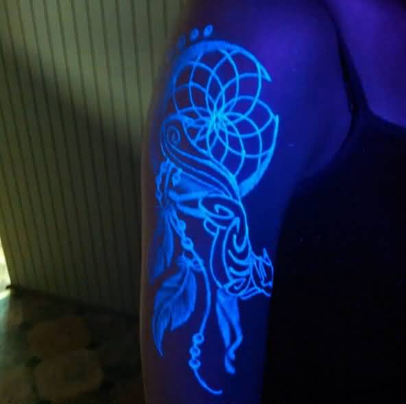 Dreamcatcher Black Light Tattoo On Half Sleeve