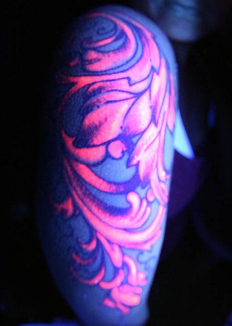 Flowers Black Light Tattoo On Half Sleeve