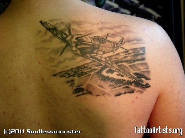 Spitfire Tattoo On Right Back Shoulder by Soullessmonster