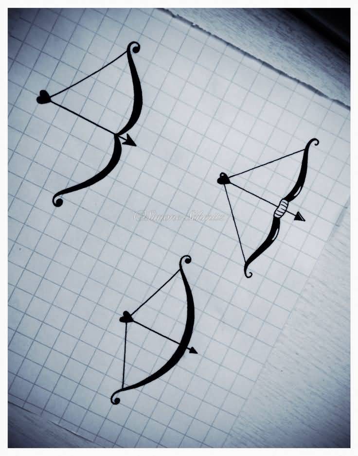 Three Bows And Arrows With Heart Shape Tattoo Design