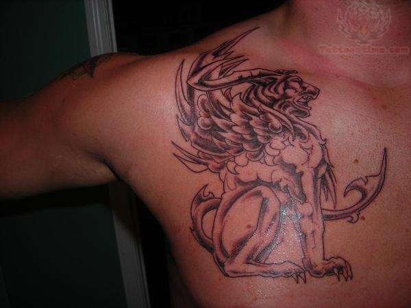 Beautiful Sitting Griffin Tattoo On Right Side Of Chest