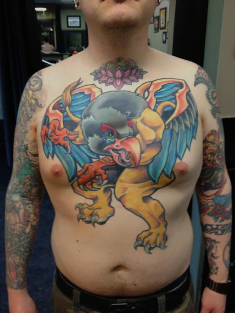 Colorful Griffin Tattoo On Chest For Men