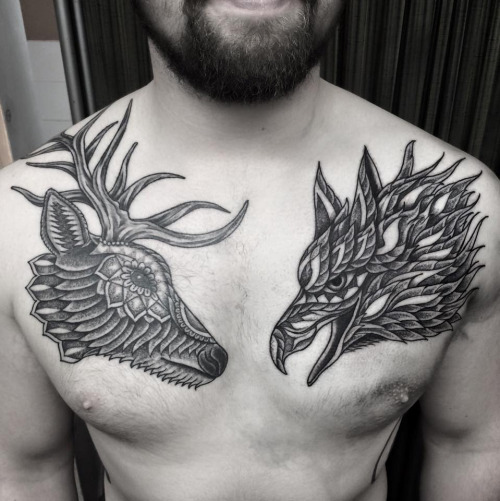 Griffin Head And Deer Head Tattoo On Chest