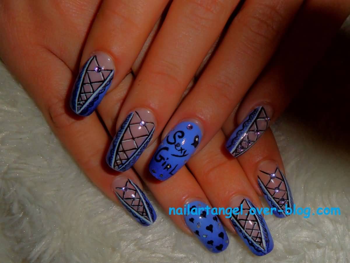 Almond Shaped Blue Corset Nail Art