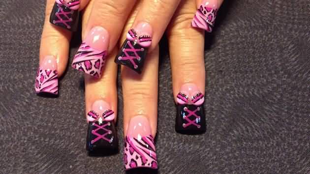 Black And Pink Corset Nail Art With Leopard Print Design