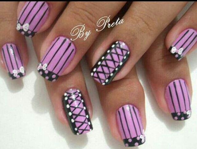 Black And Purple Stripes And Corset Nail Art