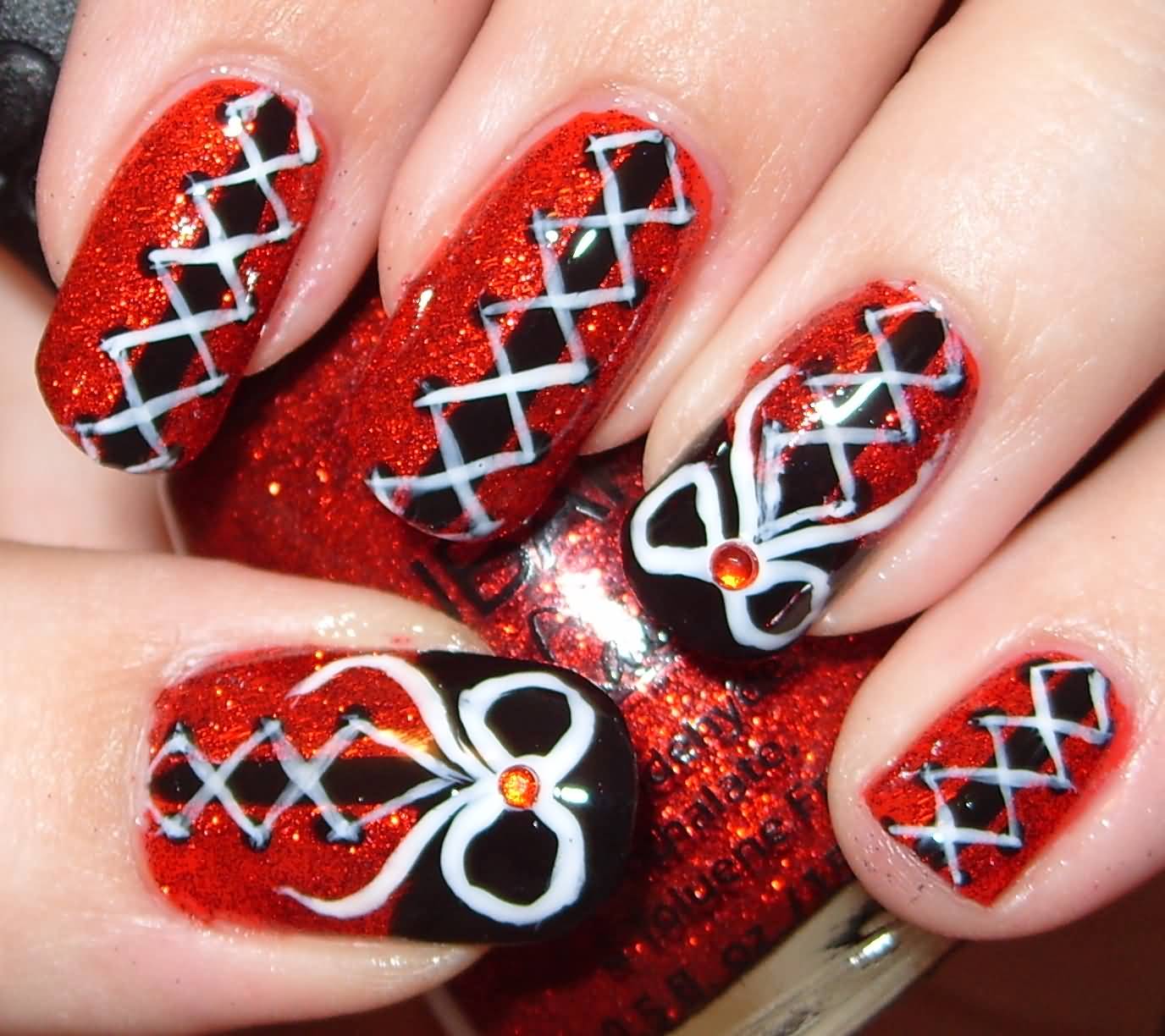 Black And Red Corset Nail Art With White Bow Design