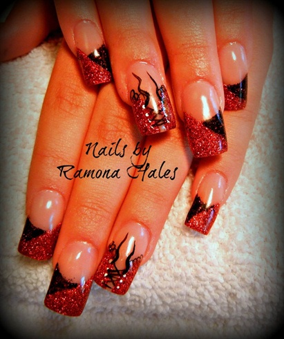 Black And Red Gel Nails With Corset Design Nails