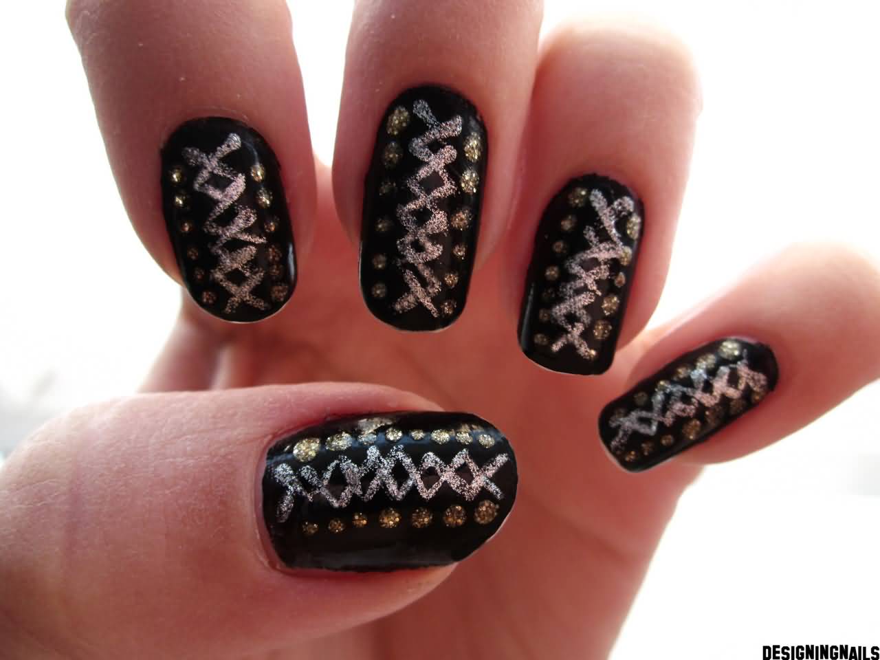 Black Nails With Silver Corset Nail Art